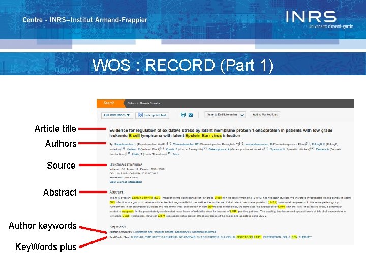 : RECORD WOS : WOS RECORD (Part 1) Article title Authors Source Abstract Author