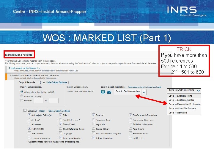 WOS : MARKED LIST (Part 1) TRICK If you have more than 500 references