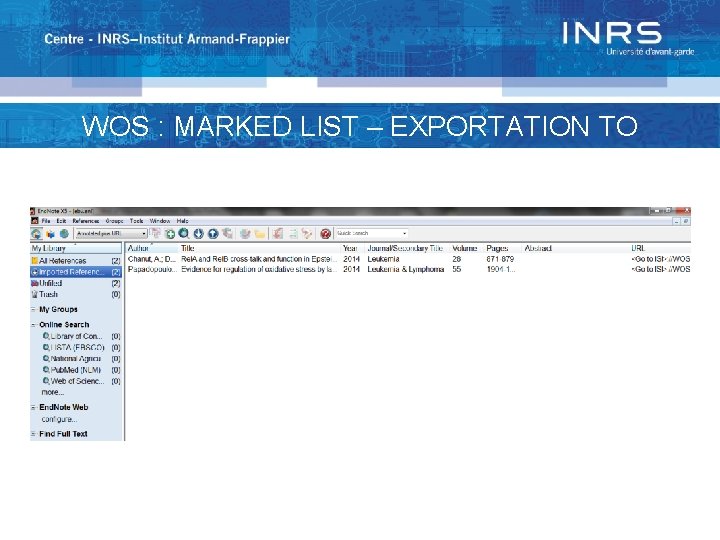 WOS : MARKED LIST – EXPORTATION TO ENDNOTE 