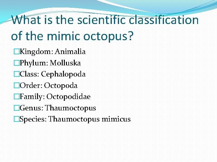 What is the scientific classification of the mimic octopus? �Kingdom: Animalia �Phylum: Molluska �Class: