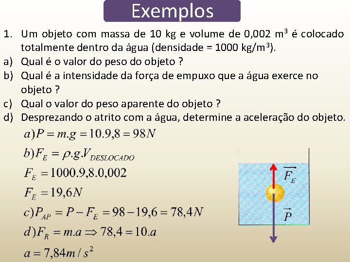 Exemplos 1. Um objeto com massa de 10 kg e volume de 0, 002