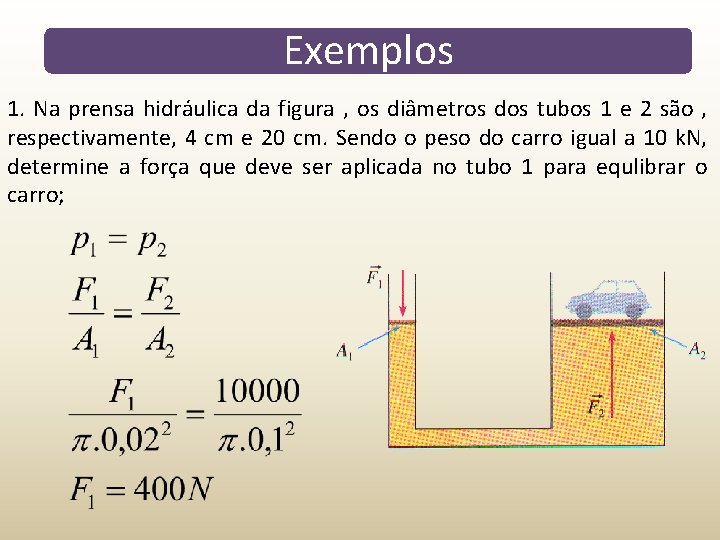 Exemplos 1. Na prensa hidráulica da figura , os diâmetros dos tubos 1 e