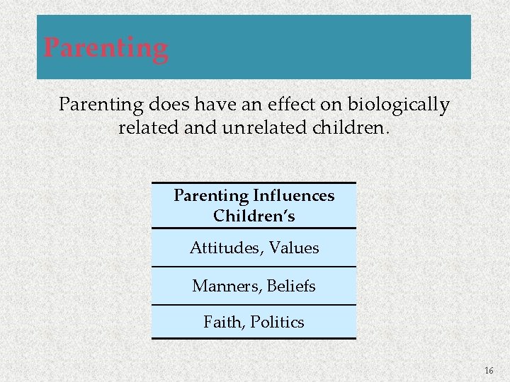 Parenting does have an effect on biologically related and unrelated children. Parenting Influences Children’s