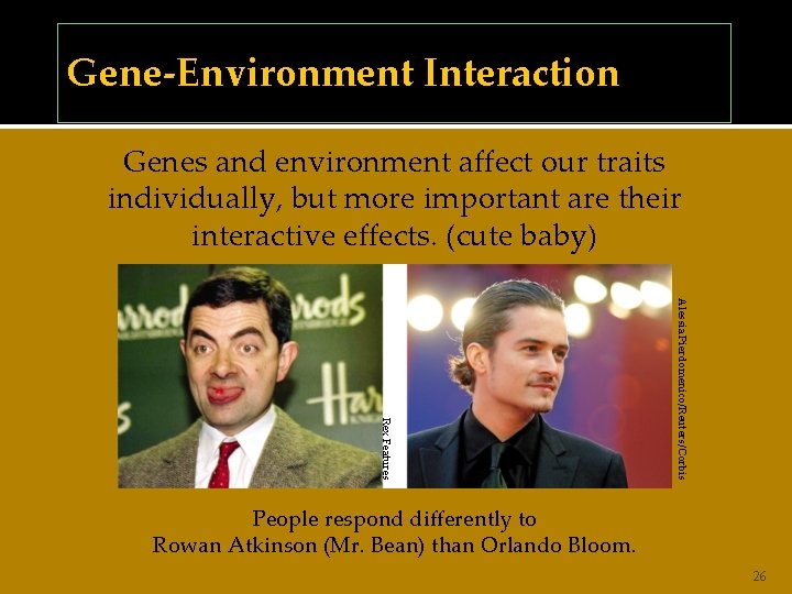 Gene-Environment Interaction Genes and environment affect our traits individually, but more important are their