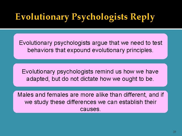 Evolutionary Psychologists Reply Evolutionary psychologists argue that we need to test behaviors that expound