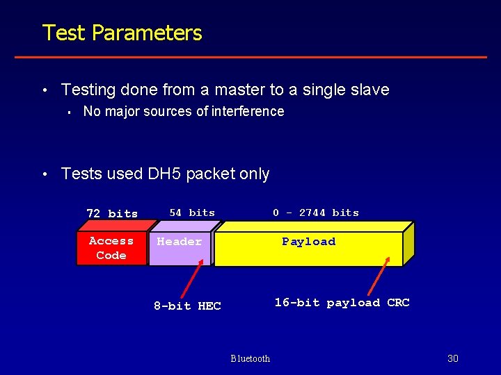 Test Parameters • Testing done from a master to a single slave § No