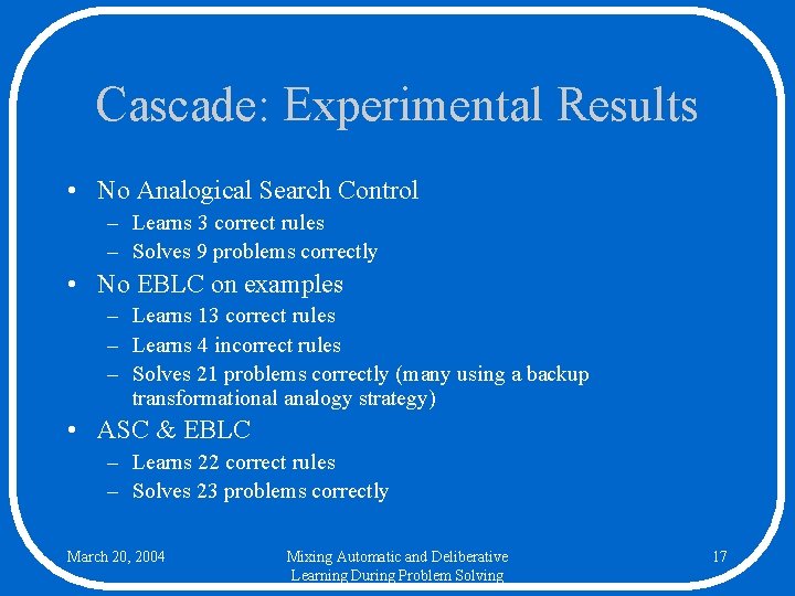 Cascade: Experimental Results • No Analogical Search Control – Learns 3 correct rules –