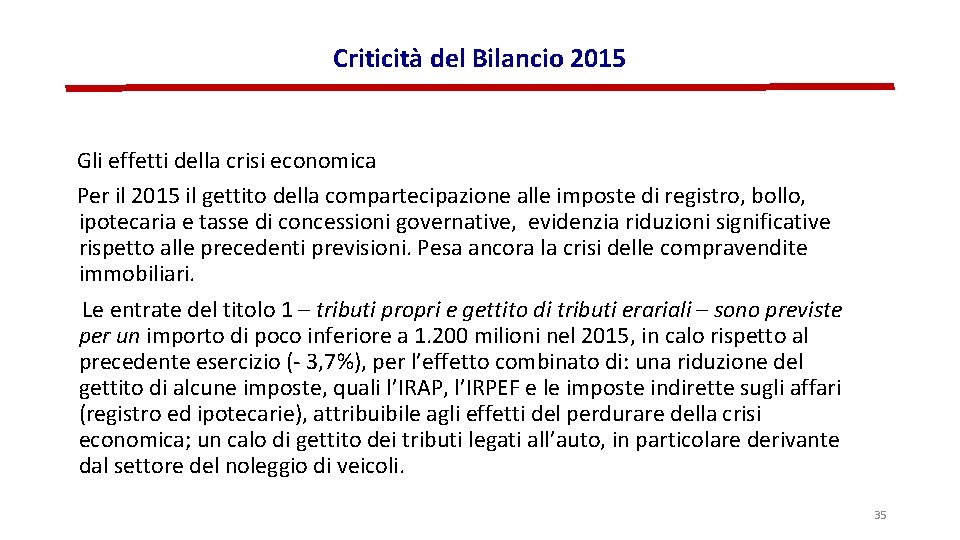 Criticità del Bilancio 2015 Gli effetti della crisi economica Per il 2015 il gettito
