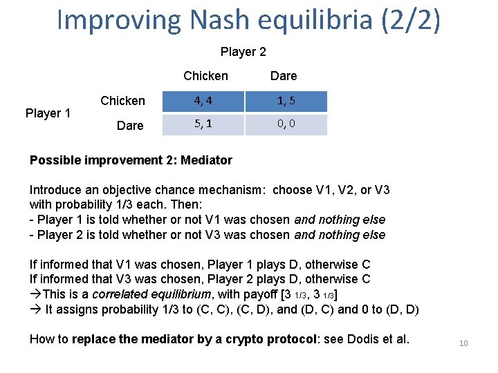 Improving Nash equilibria (2/2) Player 2 Player 1 Chicken Dare Chicken 4, 4 1,