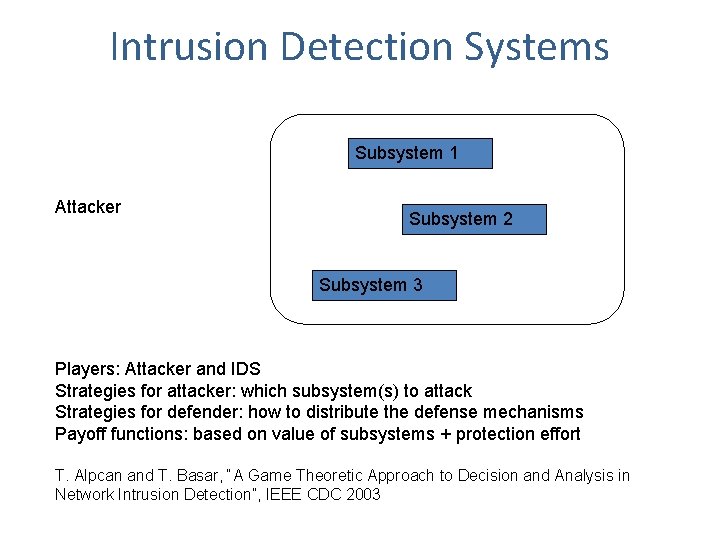 Intrusion Detection Systems Subsystem 1 Attacker Subsystem 2 Subsystem 3 Players: Attacker and IDS