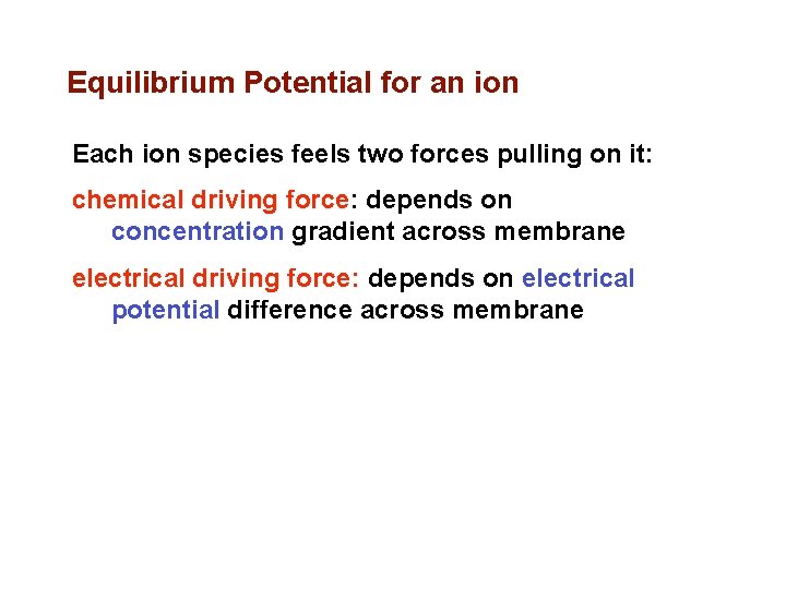 Equilibrium Potential for an ion Each ion species feels two forces pulling on it: