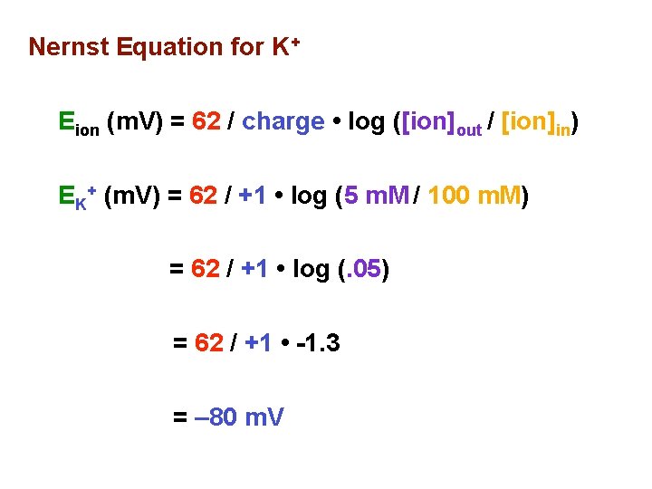 Nernst Equation for K+ Eion (m. V) = 62 / charge • log ([ion]out