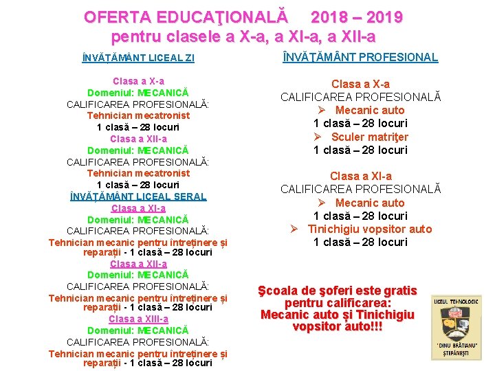 OFERTA EDUCAŢIONALĂ 2018 – 2019 pentru clasele a X-a, a XII-a ÎNVĂȚĂM NT LICEAL