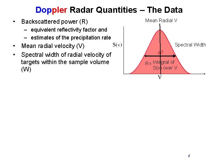 Doppler Radar Quantities – The Data • Backscattered power (R) Mean Radial V –