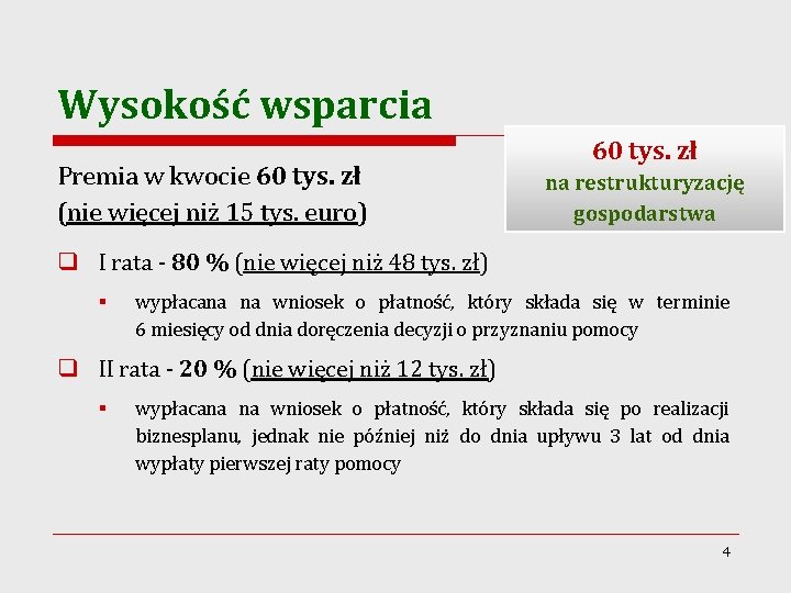 Wysokość wsparcia Premia w kwocie 60 tys. zł (nie więcej niż 15 tys. euro)