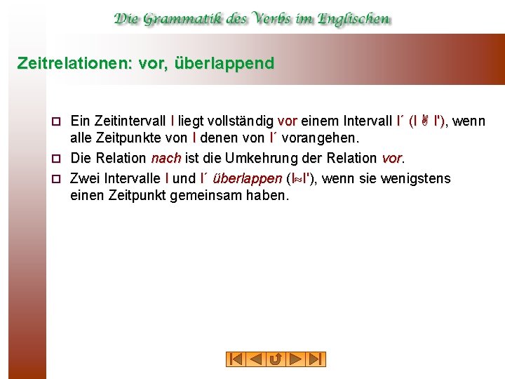 Zeitrelationen: vor, überlappend Ein Zeitintervall I liegt vollständig vor einem Intervall I´ (I I'),