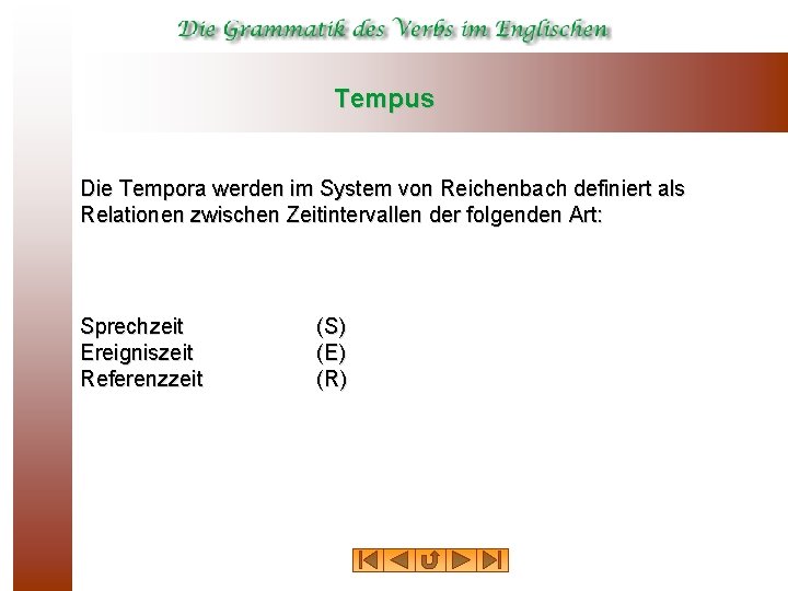 Tempus Die Tempora werden im System von Reichenbach definiert als Relationen zwischen Zeitintervallen der