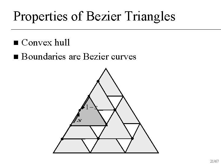 Properties of Bezier Triangles Convex hull n Boundaries are Bezier curves n 21/67 