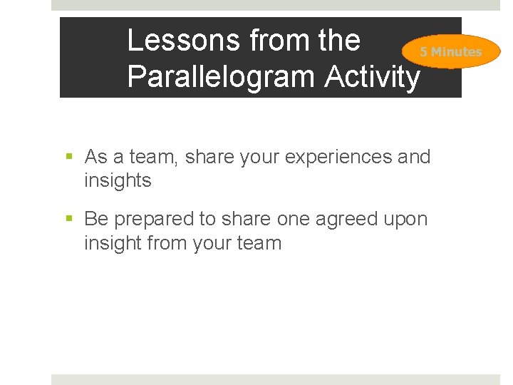 Lessons from the 5 Minutes Parallelogram Activity § As a team, share your experiences