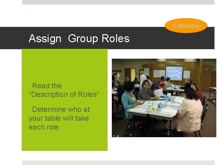 5 Minutes Assign Group Roles §Read the “Description of Roles” §Determine who at your
