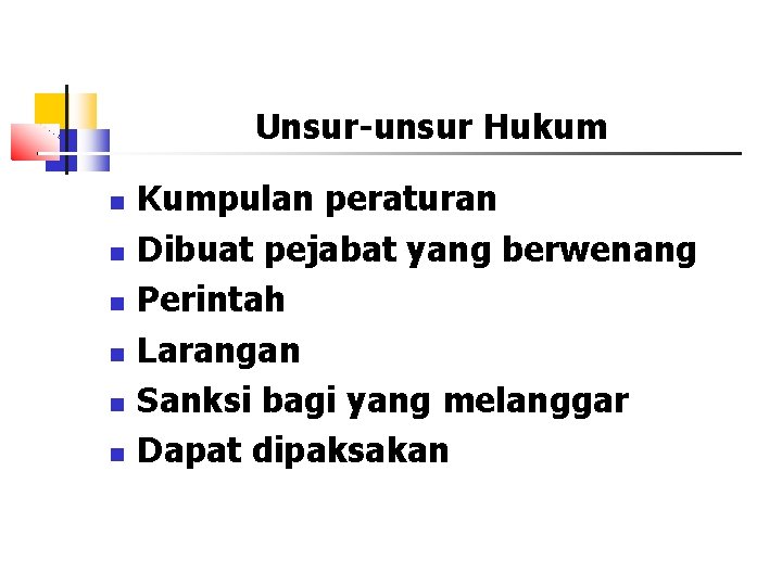 Unsur-unsur Hukum Kumpulan peraturan Dibuat pejabat yang berwenang Perintah Larangan Sanksi bagi yang melanggar