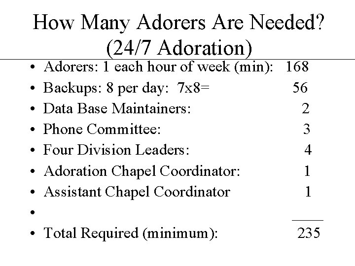 How Many Adorers Are Needed? (24/7 Adoration) • • • Adorers: 1 each hour How Many Adorers Are Needed? (24/7 Adoration) • • • Adorers: 1 each hour