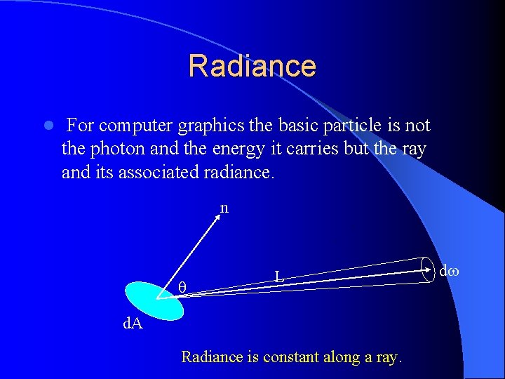 Radiance l For computer graphics the basic particle is not the photon and the