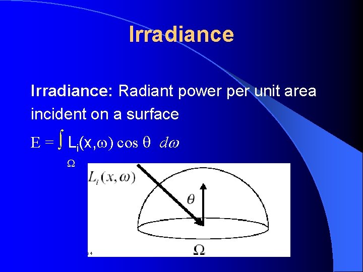 Irradiance: Radiant power per unit area incident on a surface E = Li(x, )