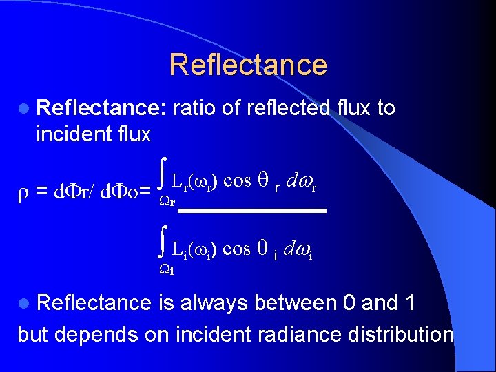 Reflectance l Reflectance: ratio of reflected flux to incident flux L ( ) cos