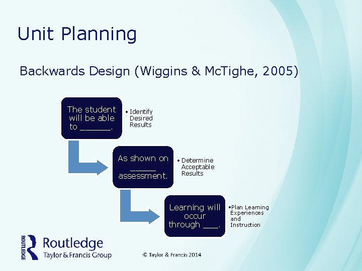 Unit Planning Backwards Design (Wiggins & Mc. Tighe, 2005) The student will be able