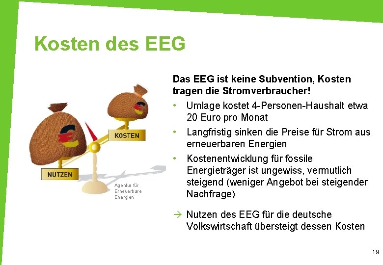 Kosten des EEG Das EEG ist keine Subvention, Kosten tragen die Stromverbraucher! • •