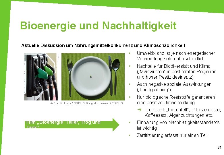 Bioenergie und Nachhaltigkeit Aktuelle Diskussion um Nahrungsmittelkonkurrenz und Klimaschädlichkeit • Umweltbilanz ist je nach