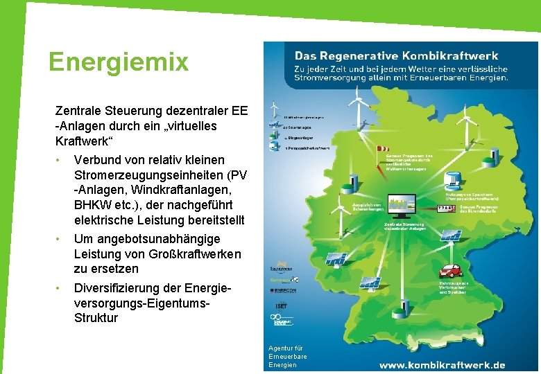 Energiemix Zentrale Steuerung dezentraler EE -Anlagen durch ein „virtuelles Kraftwerk“ • Verbund von relativ