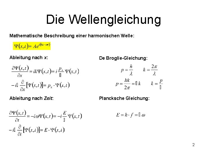 Die Wellengleichung Mathematische Beschreibung einer harmonischen Welle: Ableitung nach x: De Broglie-Gleichung: Ableitung nach