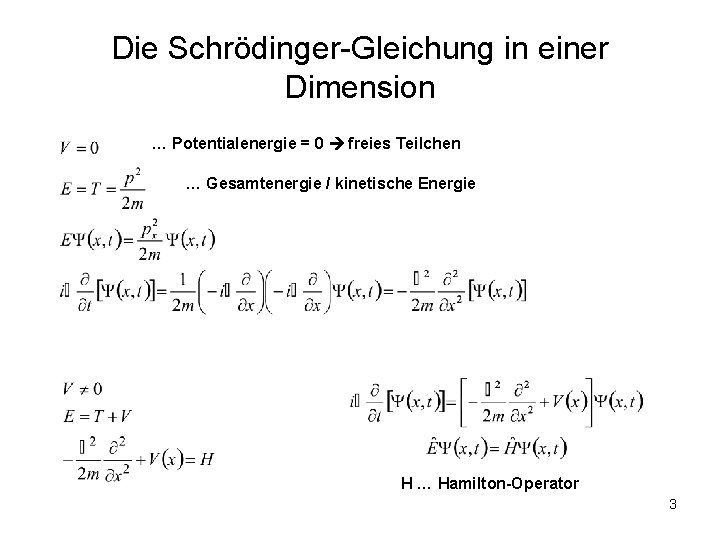 Die Schrödinger-Gleichung in einer Dimension … Potentialenergie = 0 freies Teilchen … Gesamtenergie /