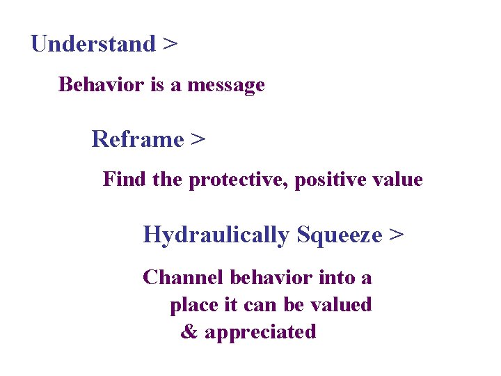 Understand > Behavior is a message Reframe > Find the protective, positive value Hydraulically