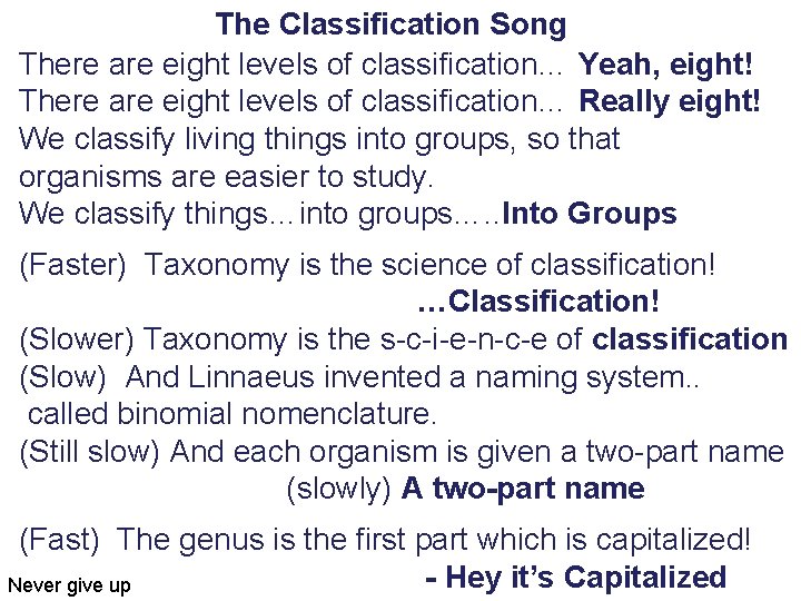 The Classification Song There are eight levels of classification… Yeah, eight! There are eight