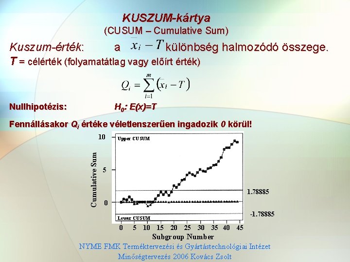 KUSZUM-kártya (CUSUM – Cumulative Sum) Kuszum-érték: a különbség halmozódó összege. T = célérték (folyamatátlag