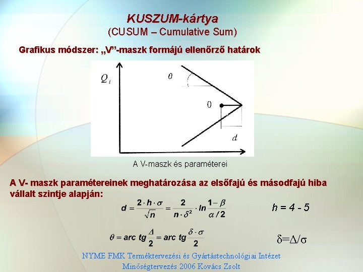 KUSZUM-kártya (CUSUM – Cumulative Sum) Grafikus módszer: „V”-maszk formájú ellenőrző határok A V-maszk és