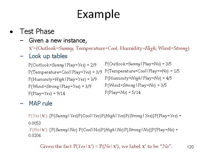 Example • Test Phase – Given a new instance, x’=(Outlook=Sunny, Temperature=Cool, Humidity=High, Wind=Strong) –