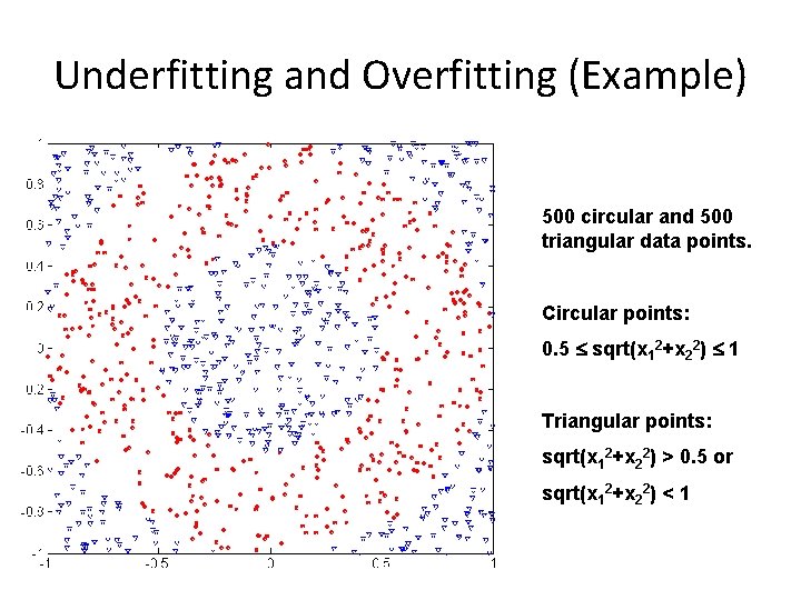 Underfitting and Overfitting (Example) 500 circular and 500 triangular data points. Circular points: 0.