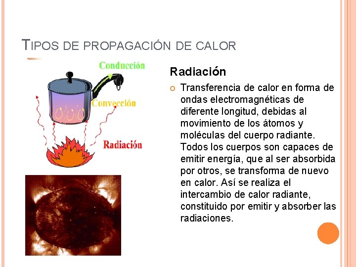 TIPOS DE PROPAGACIÓN DE CALOR Radiación Transferencia de calor en forma de ondas electromagnéticas