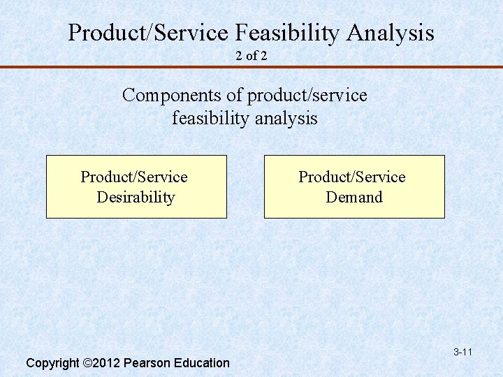 Product/Service Feasibility Analysis 2 of 2 Components of product/service feasibility analysis Product/Service Desirability Copyright