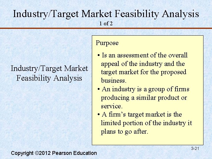 Industry/Target Market Feasibility Analysis 1 of 2 Purpose Industry/Target Market Feasibility Analysis Copyright ©
