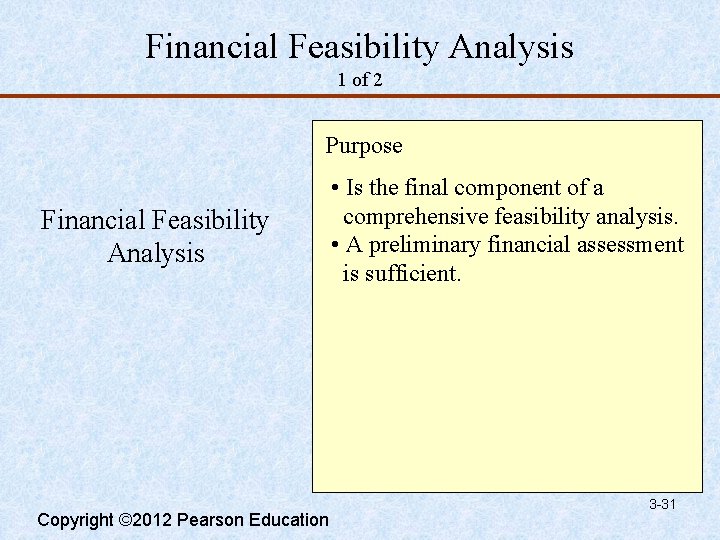 Financial Feasibility Analysis 1 of 2 Purpose Financial Feasibility Analysis Copyright © 2012 Pearson