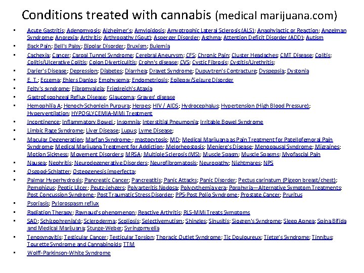 Conditions treated with cannabis (medical marijuana. com) • • • • • Acute Gastritis;