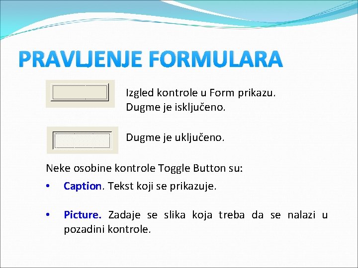 PRAVLJENJE FORMULARA Izgled kontrole u Form prikazu. Dugme je isključeno. Dugme je uključeno. Neke PRAVLJENJE FORMULARA Izgled kontrole u Form prikazu. Dugme je isključeno. Dugme je uključeno. Neke