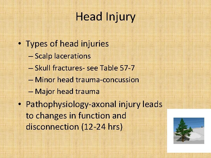 Head Injury • Types of head injuries – Scalp lacerations – Skull fractures- see
