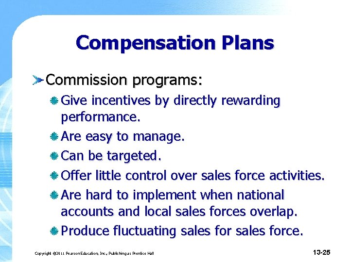 Compensation Plans Commission programs: Give incentives by directly rewarding performance. Are easy to manage.