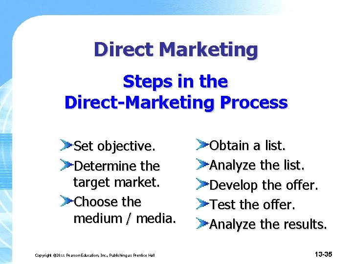 Direct Marketing Steps in the Direct-Marketing Process Set objective. Determine the target market. Choose